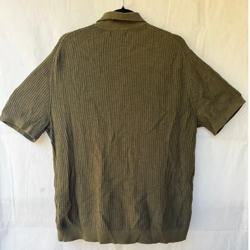 Banana Republic Men's Olive Green Ribbed Short Sleeve Button Up Sweater Shirt XL